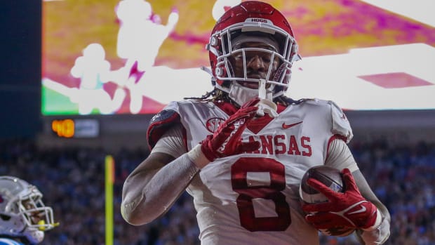 Razorbacks tight end after scoring one of his two touchdowns against Ole Miss on Saturday night